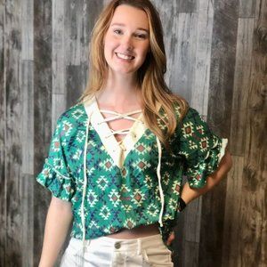 Oleander Ruffled Sleeve Lace-Up Top- GREEN